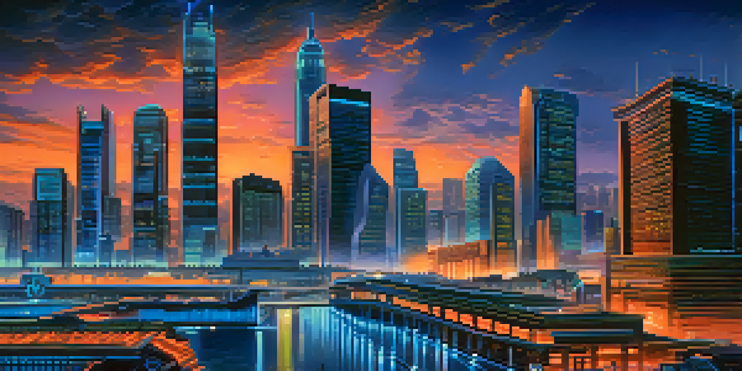 A city skyline at dusk with traditional banks and modern cryptocurrency offices illuminated by neon lights.