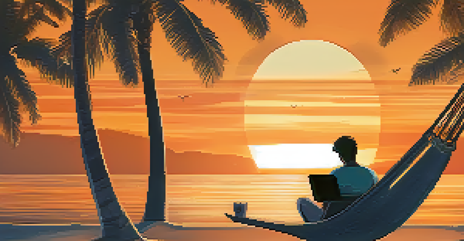 A digital nomad in a hammock on the beach at sunset, using a laptop with a Bitcoin logo in the sand nearby.