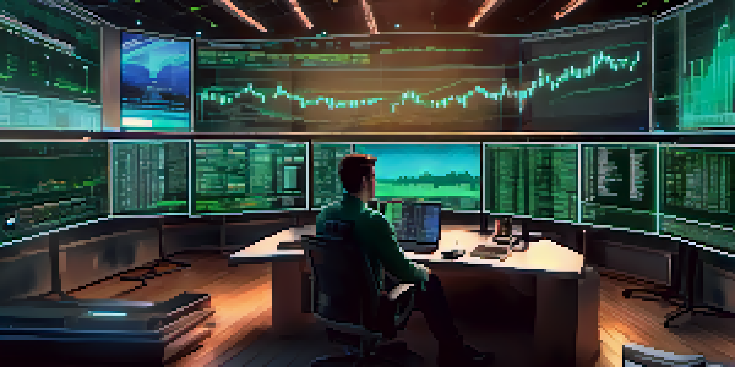 A trader in a modern trading room with multiple screens showing cryptocurrency charts, surrounded by holographic data visualizations.