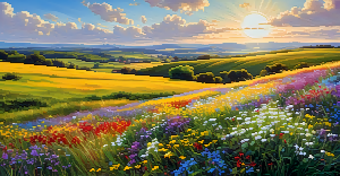 A picturesque landscape with rolling hills, a blue sky, and a field of colorful wildflowers.