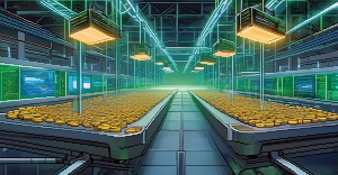 An illustration depicting a Bitcoin transaction system with a digital ledger and interconnected blockchain nodes in a high-tech supply chain environment.