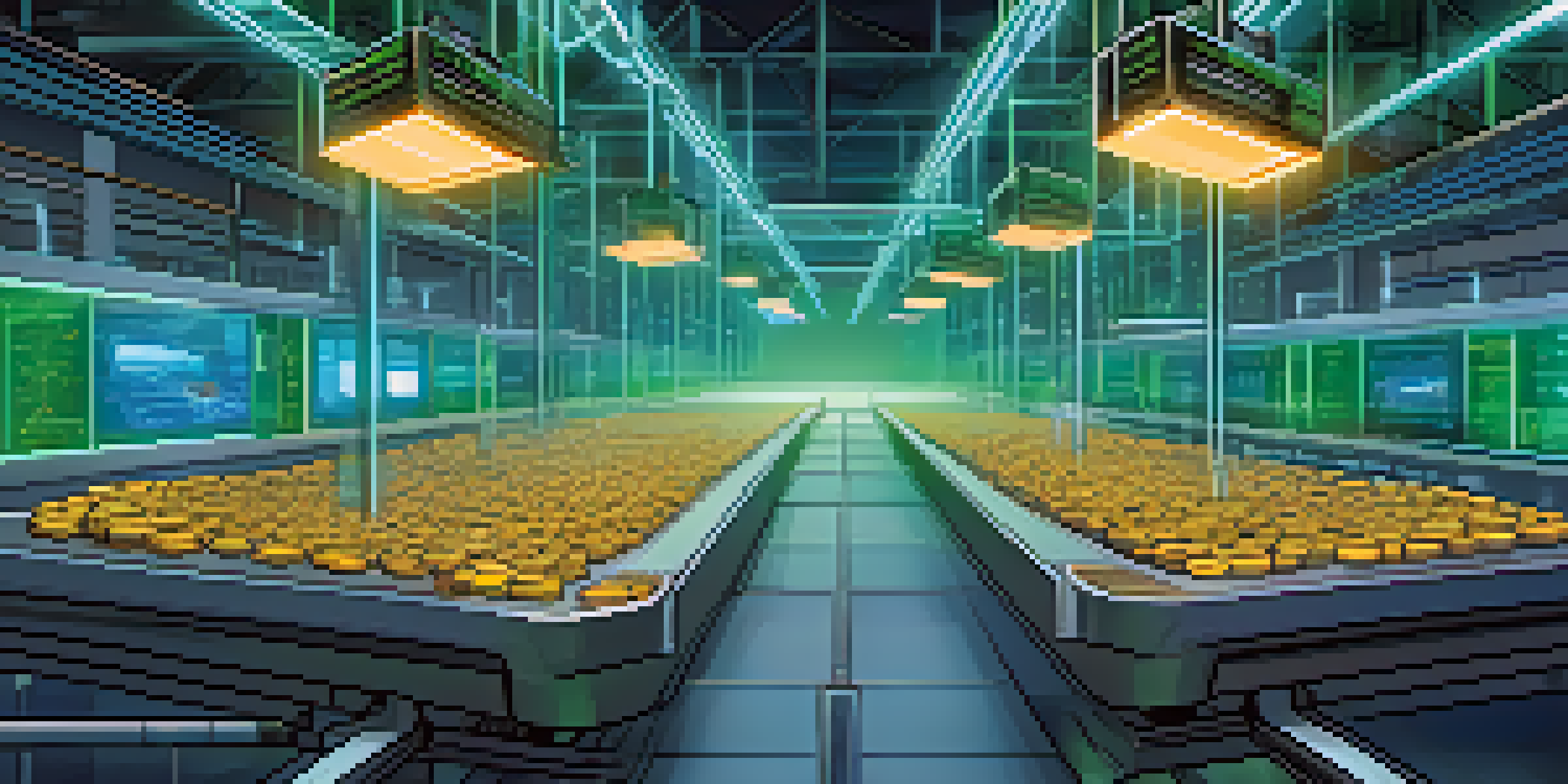 An illustration depicting a Bitcoin transaction system with a digital ledger and interconnected blockchain nodes in a high-tech supply chain environment.