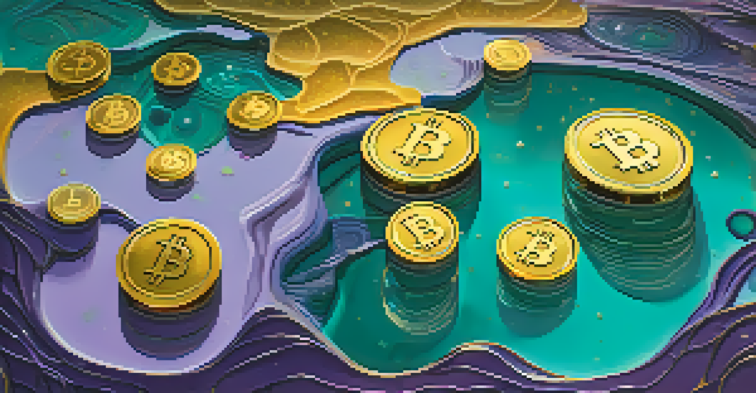 An abstract representation of liquidity in decentralized finance with flowing shapes and cryptocurrency icons.