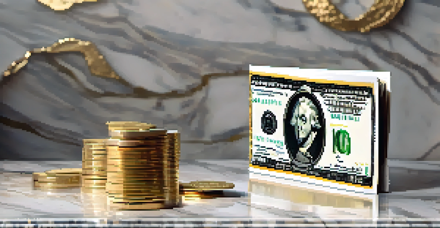 A paper wallet with printed Bitcoin keys on a marble countertop, surrounded by gold coins and a safety deposit box.