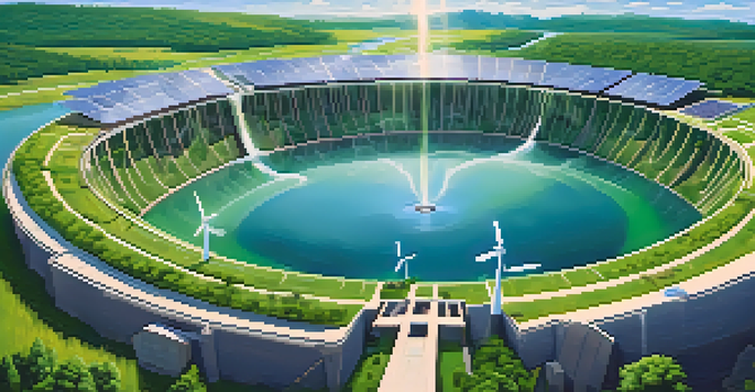 A peaceful view of a Bitcoin mining facility using renewable energy, with solar panels and a hydroelectric dam surrounded by green trees and a blue sky.