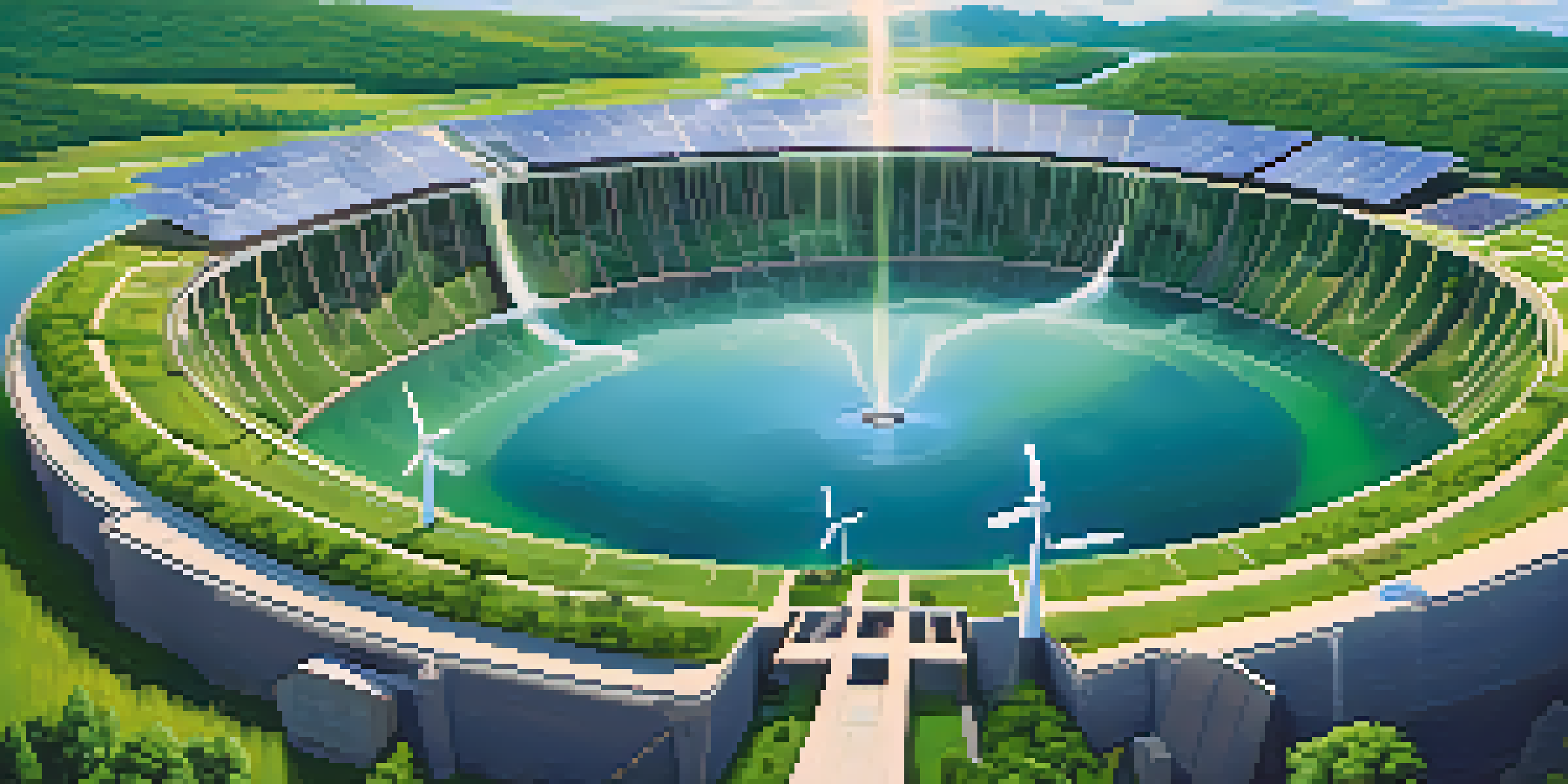A peaceful view of a Bitcoin mining facility using renewable energy, with solar panels and a hydroelectric dam surrounded by green trees and a blue sky.