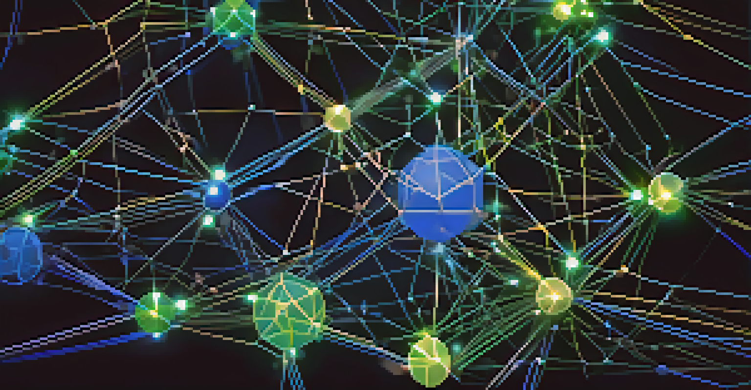 A close-up view of a blockchain network with interconnected glowing nodes and lines, illustrating a complex digital ecosystem.