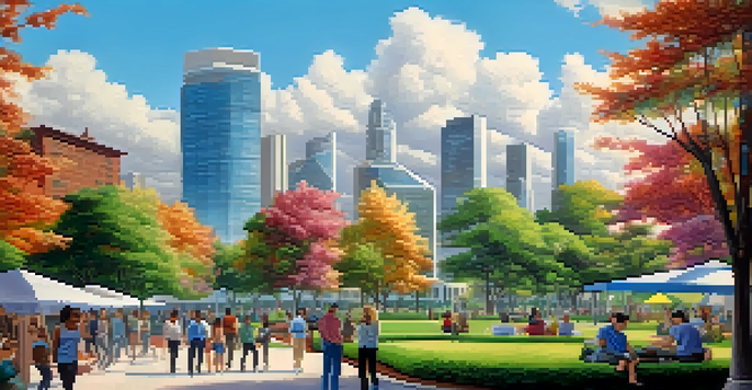A peaceful park in a futuristic city where people of various backgrounds engage in collaborative activities, under a clear blue sky.