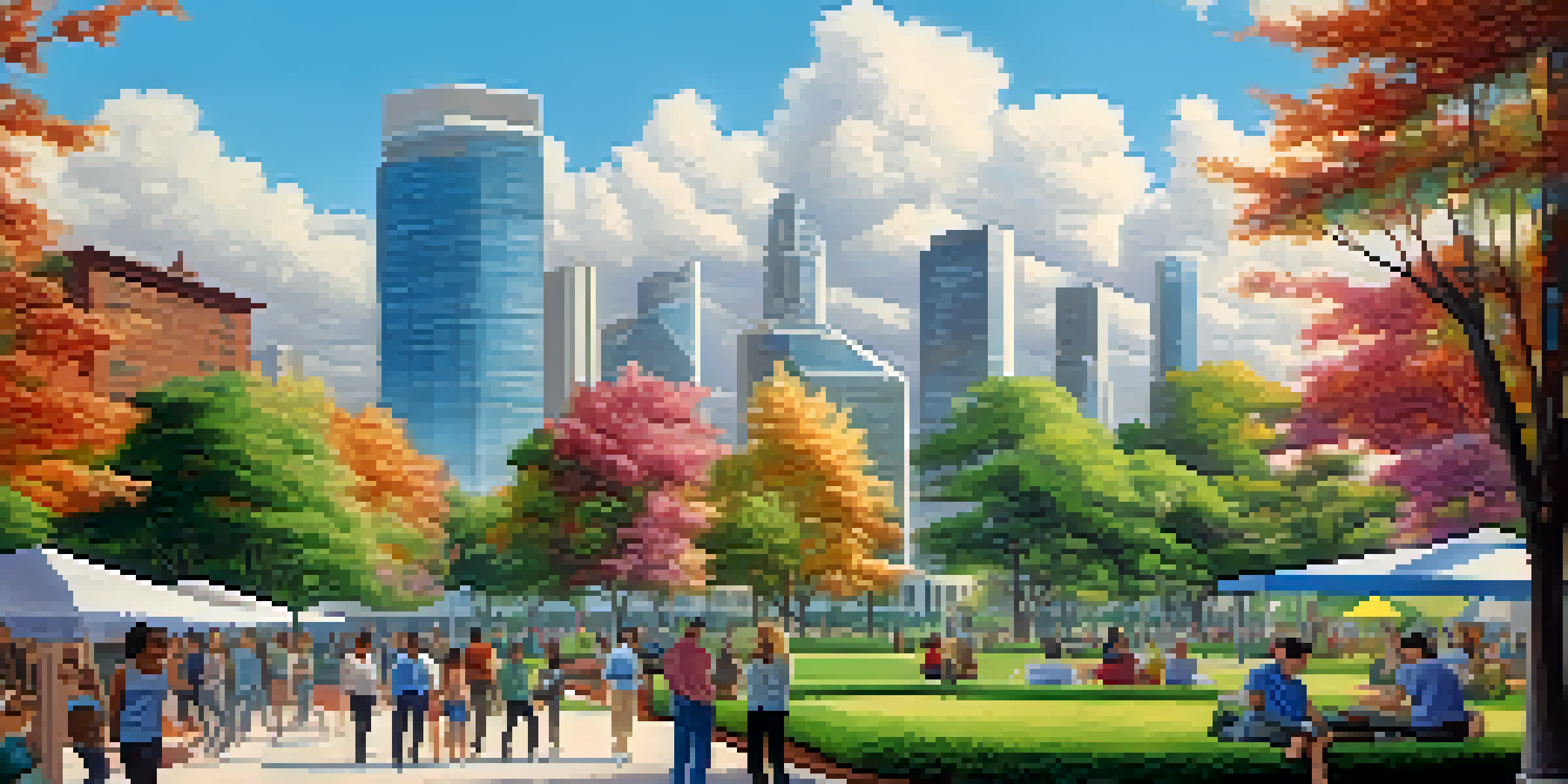 A peaceful park in a futuristic city where people of various backgrounds engage in collaborative activities, under a clear blue sky.