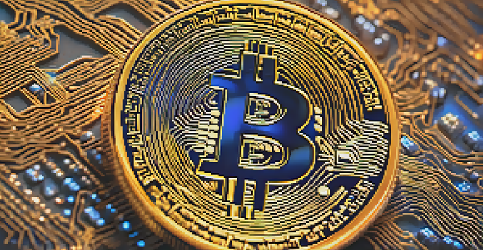 A close-up of a Bitcoin coin on a digital ledger with soft lighting, showcasing details of the coin and blockchain symbols in the background.