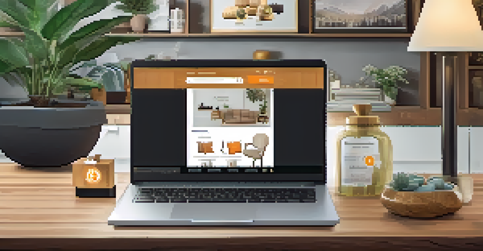A laptop displaying an e-commerce website with Bitcoin payment highlighted in a cozy living room.