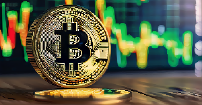 A close-up view of a Bitcoin coin on a wooden desk with a blurred financial graph in the background, illuminated by soft natural light.