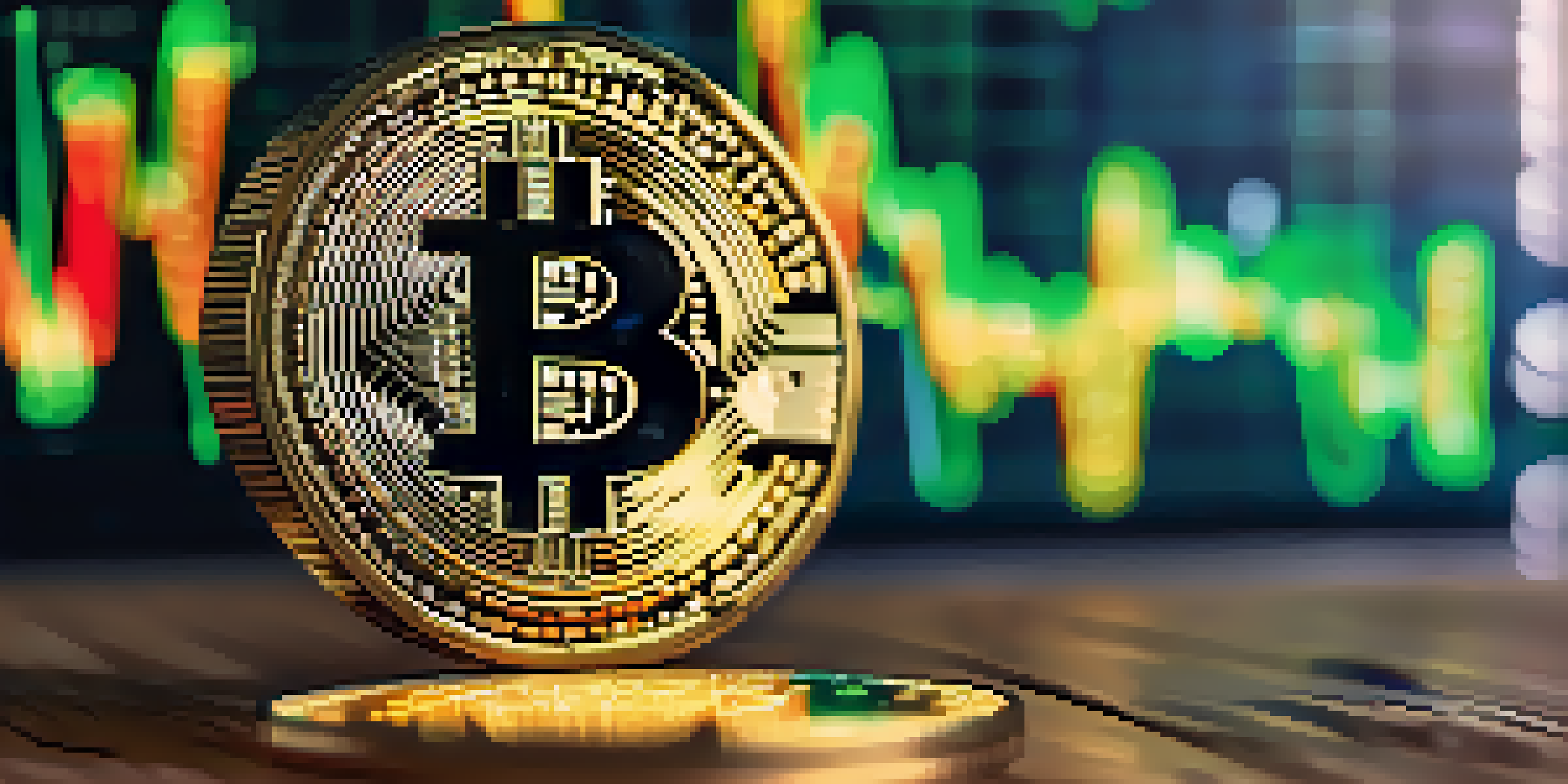 A close-up view of a Bitcoin coin on a wooden desk with a blurred financial graph in the background, illuminated by soft natural light.