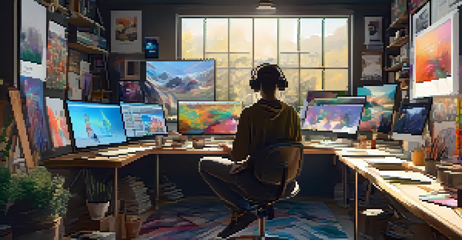 An artist at a digital workstation, working on an NFT artwork with various digital tools and natural light streaming through a window.