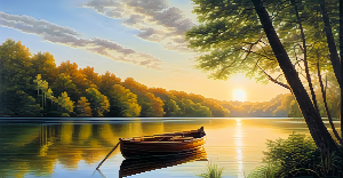 A peaceful sunset over a calm lake with a wooden boat and green forests.