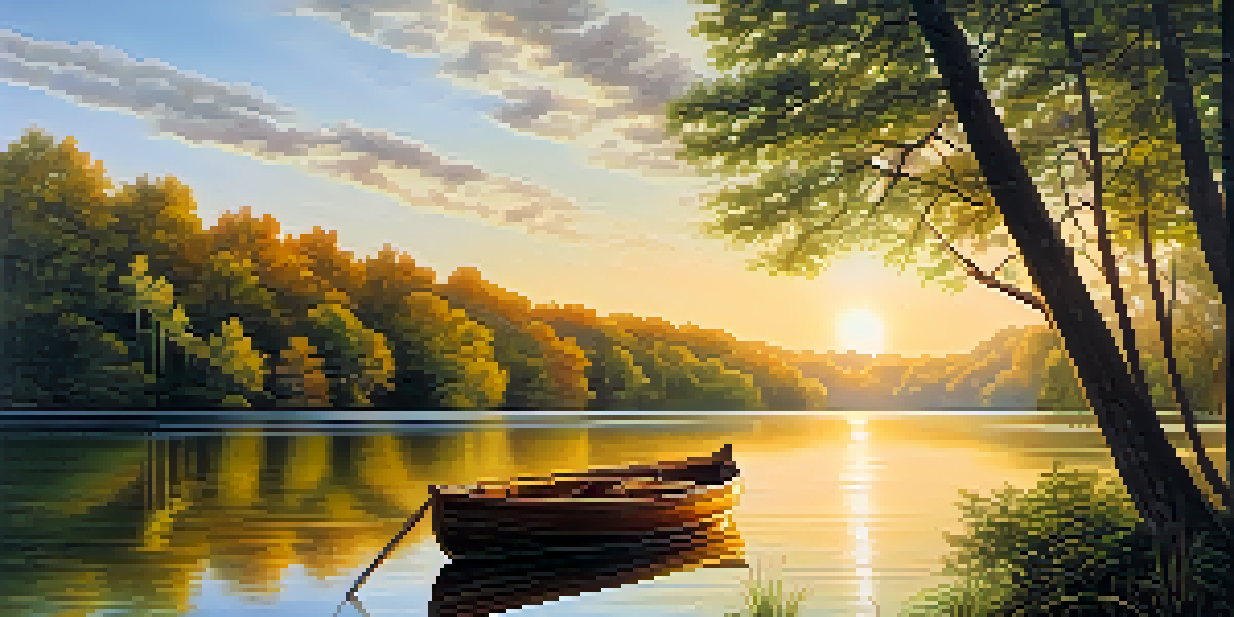 A peaceful sunset over a calm lake with a wooden boat and green forests.