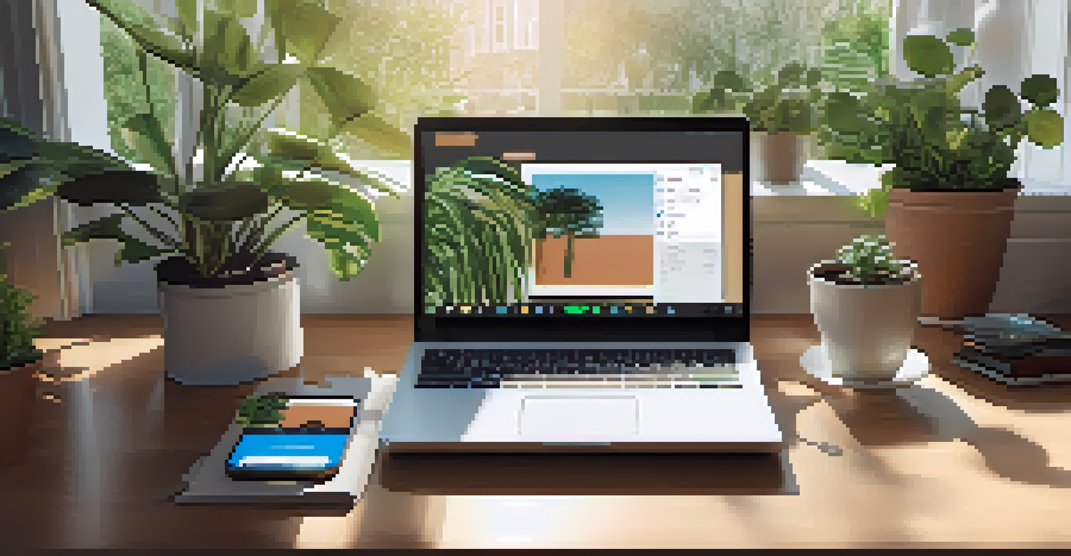 A workspace with a laptop showing a Bitcoin wallet application, plants, and a cup of coffee, illuminated by soft daylight.