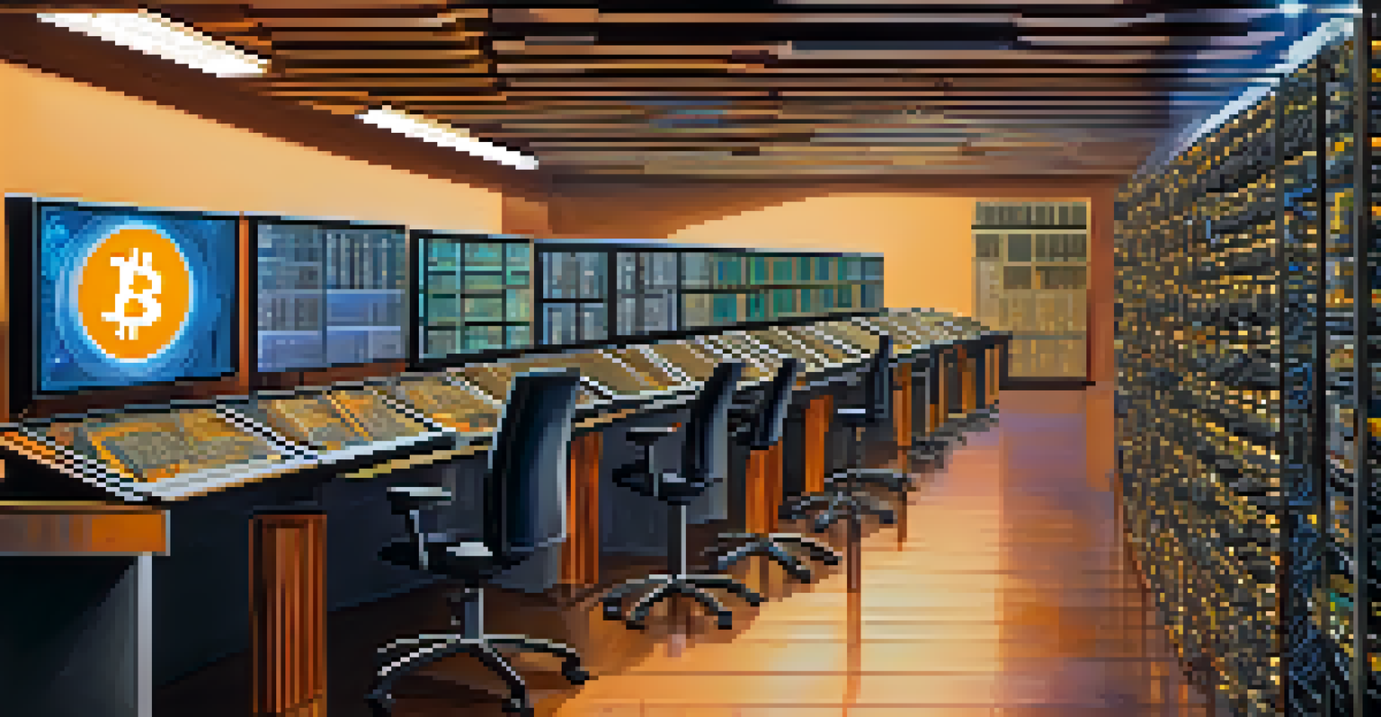 A timeline illustration showing the evolution of Bitcoin mining from CPUs to modern ASIC machines, with vibrant colors representing technological advancements.