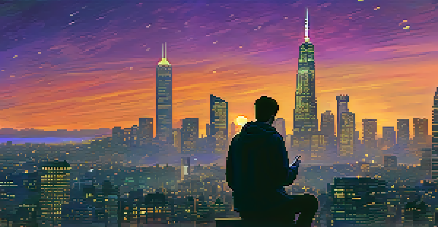 A city skyline at dusk, with a silhouette of a person looking at a smartphone showing a Bitcoin price chart against an orange and purple sky.