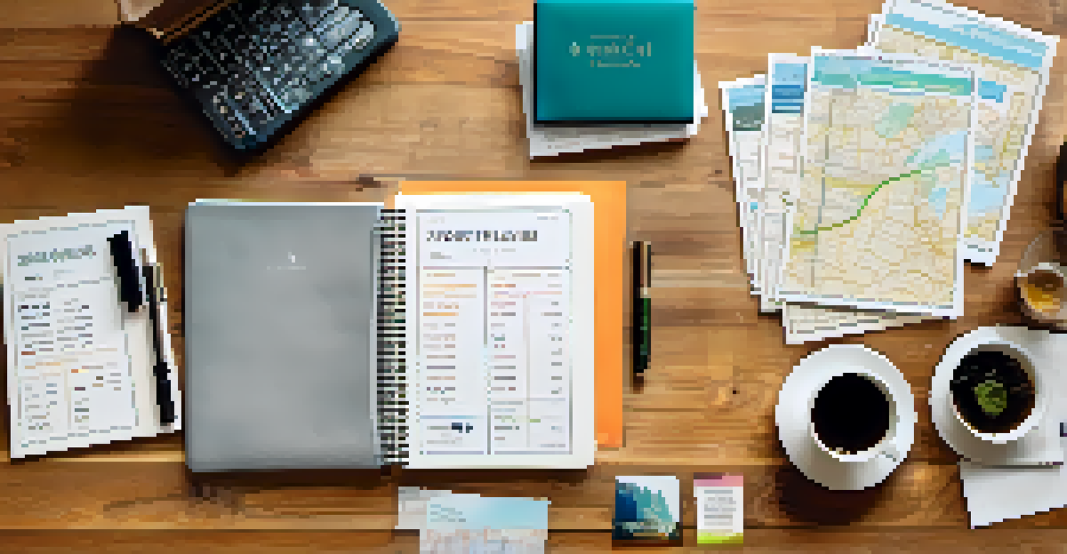 An overhead view of a travel budget planner with a laptop, coffee, and a world map on a wooden table.