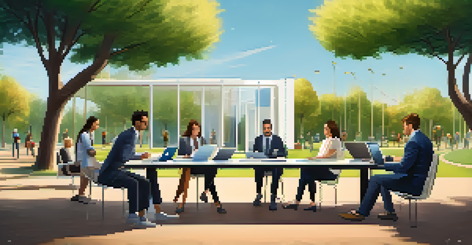 Diverse professionals discussing smart contracts in a park with a digital tablet on the table.