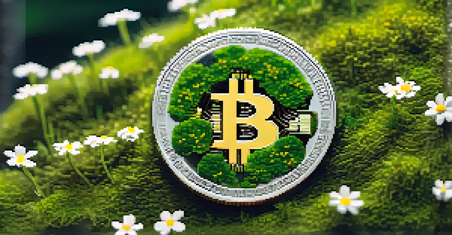 A close-up of a Bitcoin coin on moss with wildflowers, illuminated by soft natural light.