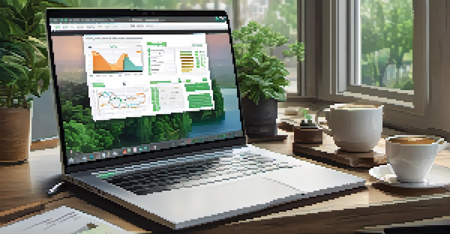 A tranquil workspace with a laptop showing cryptocurrency market analysis, surrounded by plants, a coffee cup, and a notepad with notes.