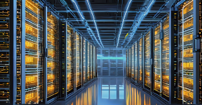 A Bitcoin mining farm with rows of computers and blue LED lights, showing detailed wiring and cooling systems.