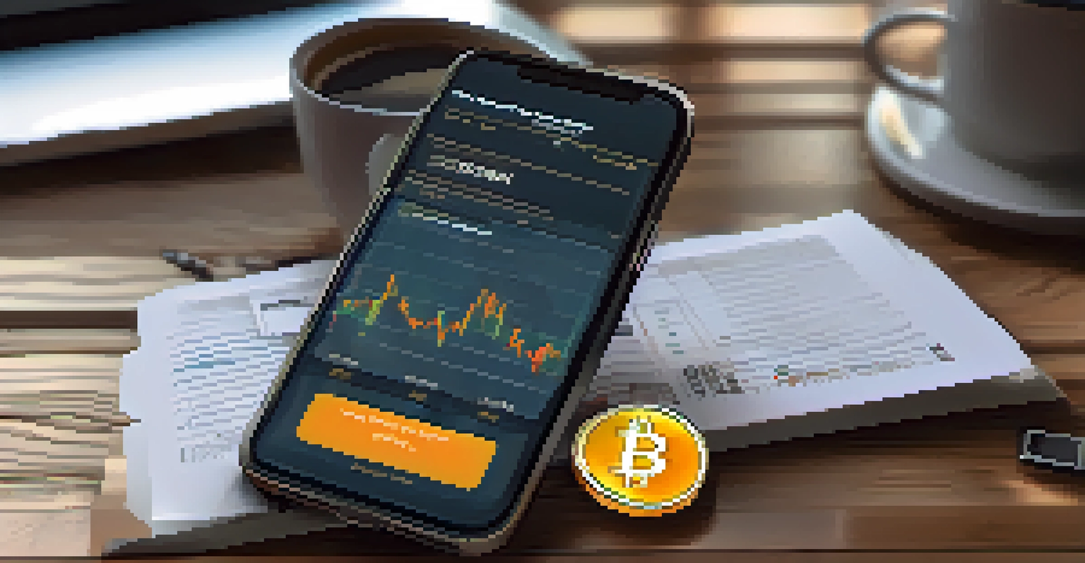 A close-up view of a smartphone showing a cryptocurrency trading app with Bitcoin price movements, set on a wooden table next to a coffee cup.