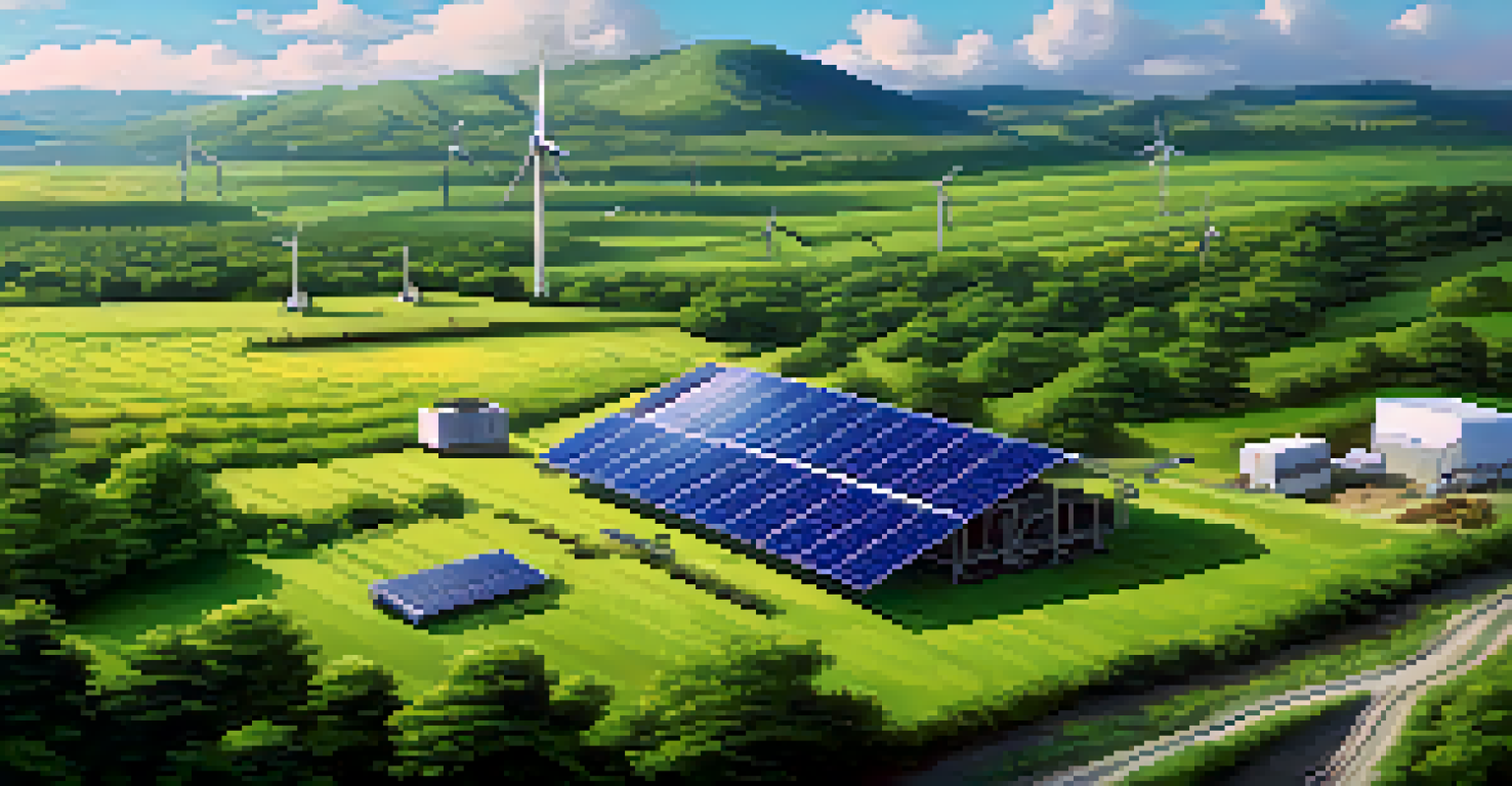 A landscape with renewable energy sources like solar panels and wind turbines, alongside a Bitcoin mining rig, surrounded by greenery and a blue sky.