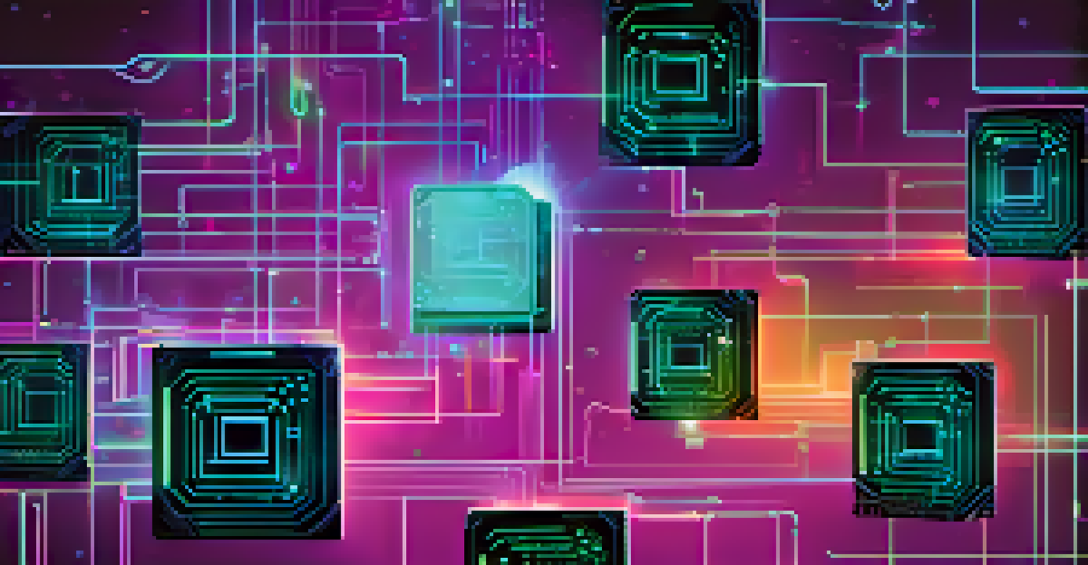 A digital representation of a blockchain ledger with glowing blocks connected by lines in a dark background.