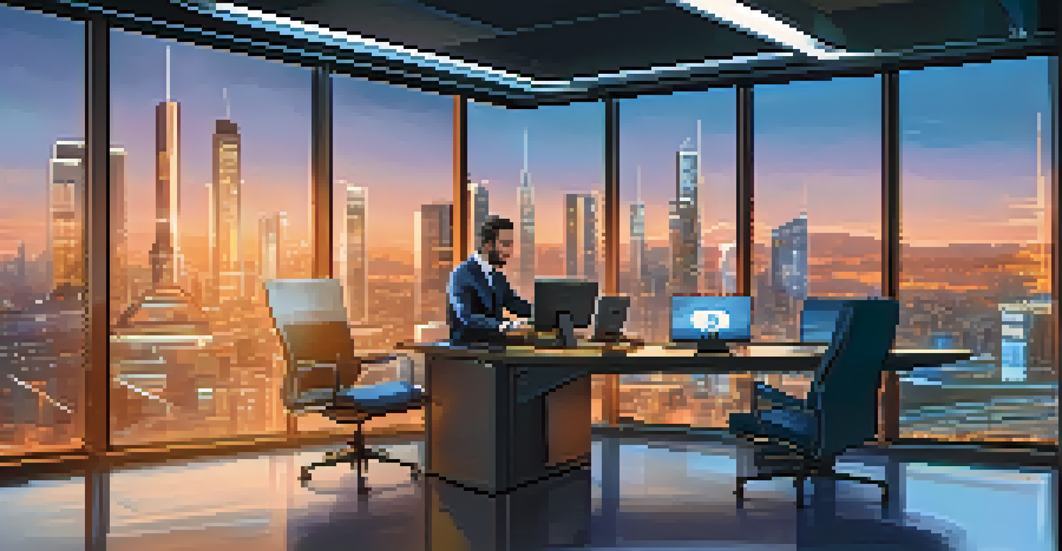 An institutional investor in a modern office analyzing Bitcoin charts on multiple screens, with a city skyline view at dusk.