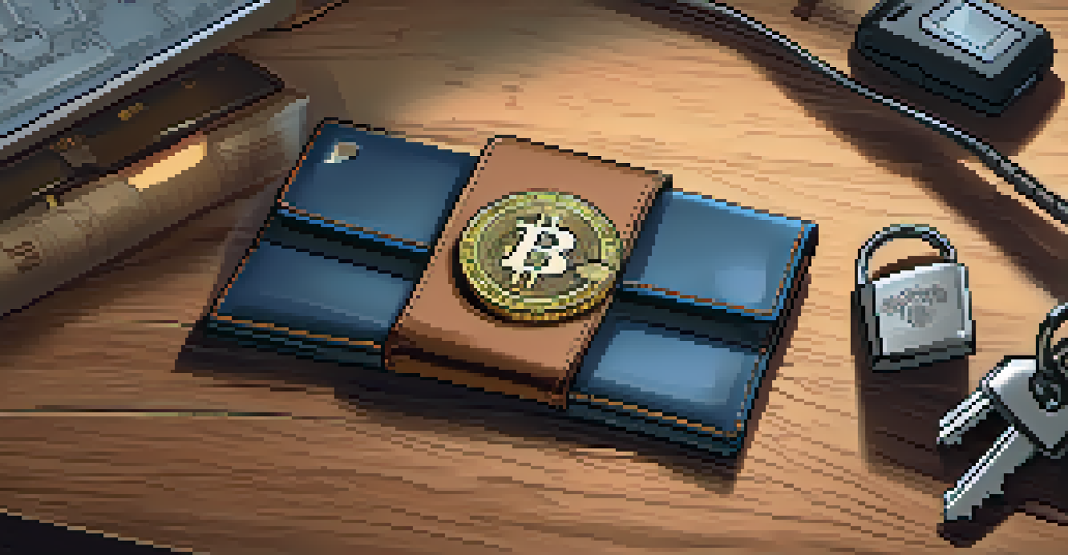 A hardware Bitcoin wallet on a wooden desk with a lock and key in a cozy home office.