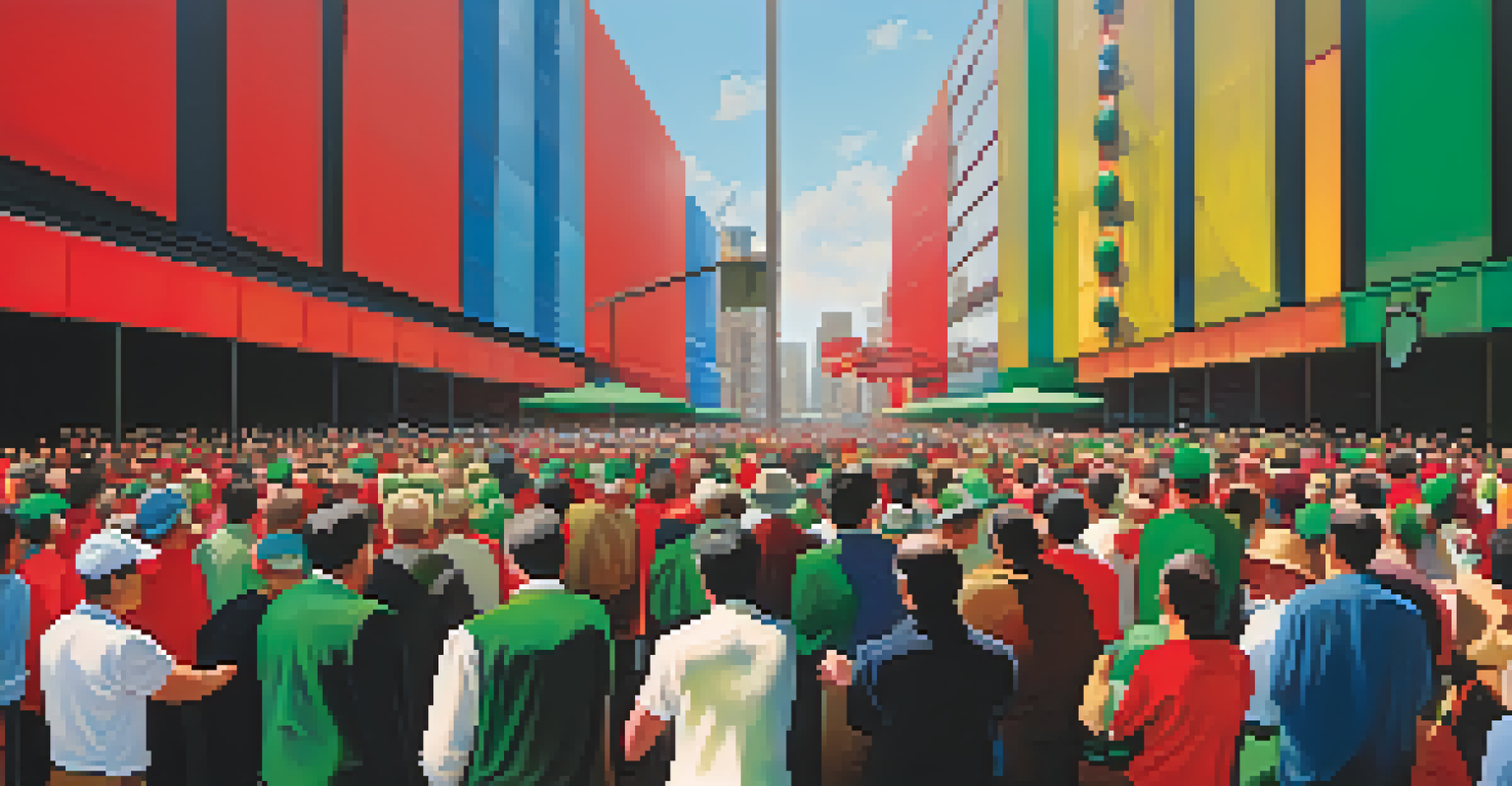 A split-screen showing a bullish crowd on one side and a bearish crowd on the other, with vibrant green and red colors representing market sentiment.