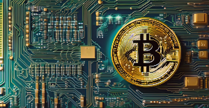 A detailed close-up of a Bitcoin on a digital circuit board with glowing blue and green lights in the background.