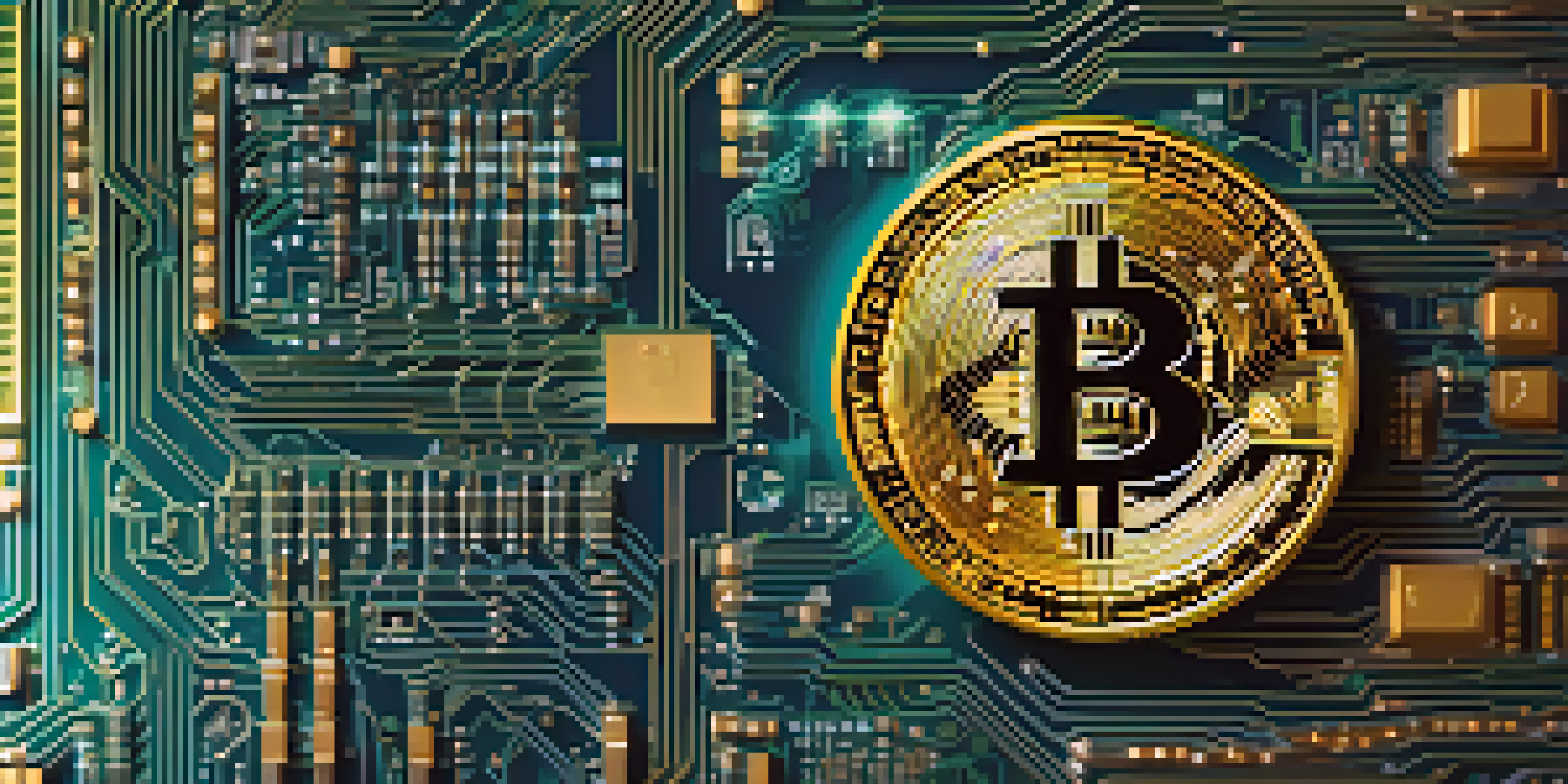 A detailed close-up of a Bitcoin on a digital circuit board with glowing blue and green lights in the background.