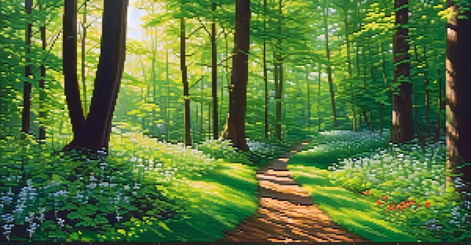 A beautiful forest path with tall trees and blooming wildflowers.