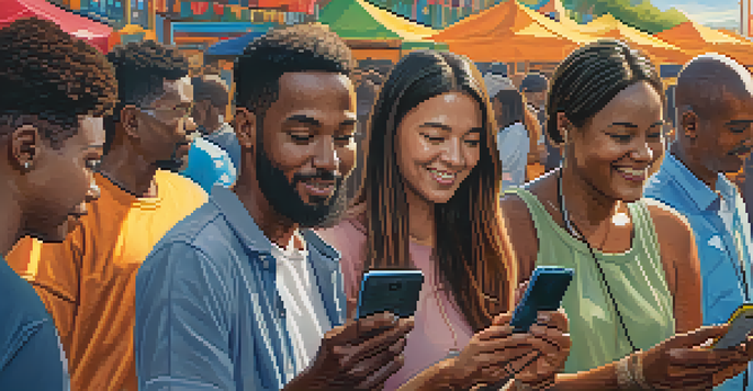 A diverse group of people using smartphones in an outdoor market, engaged in digital transactions with Bitcoin wallets.