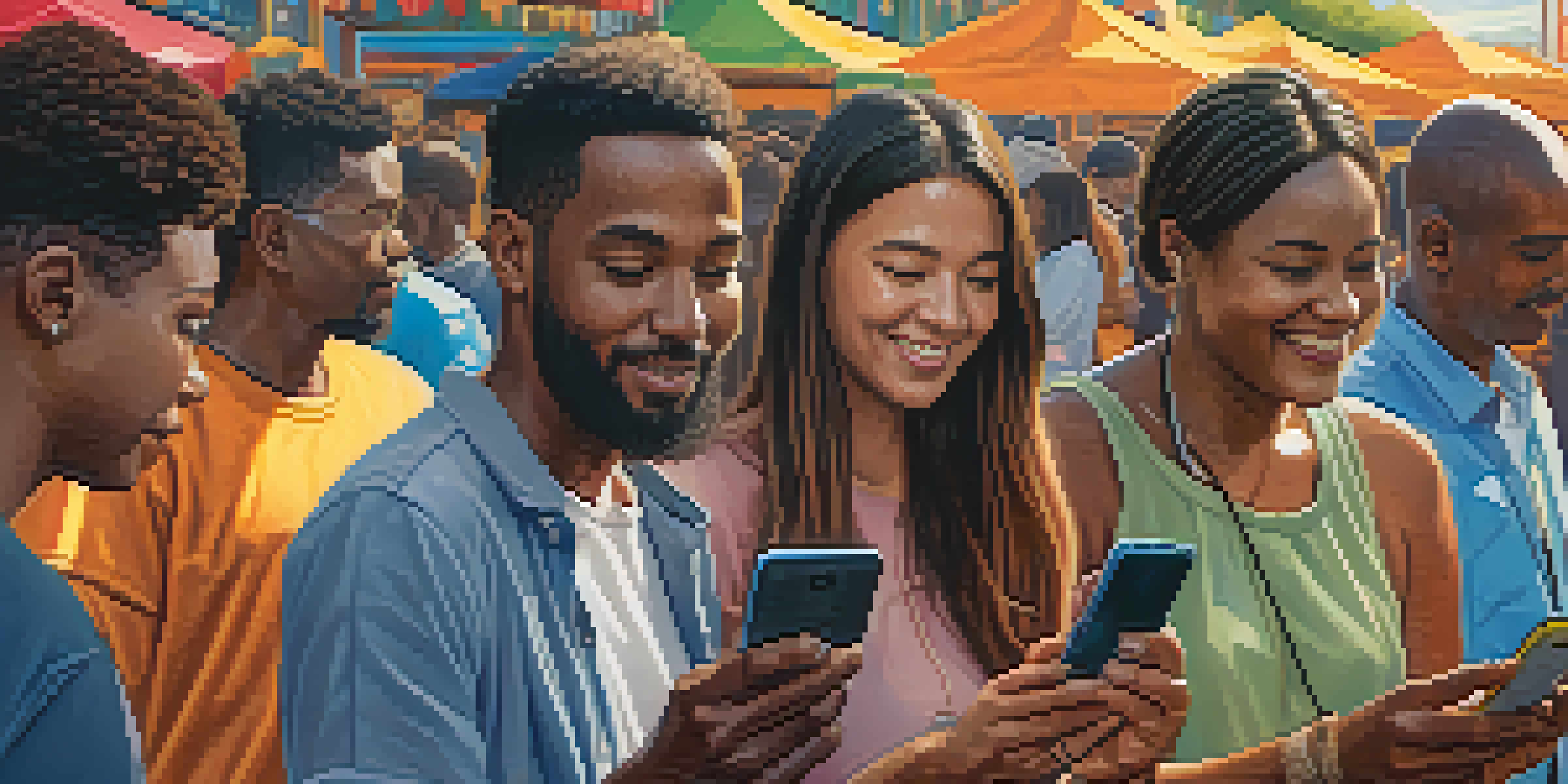 A diverse group of people using smartphones in an outdoor market, engaged in digital transactions with Bitcoin wallets.