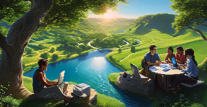 A diverse group of people discussing cryptocurrency in a vibrant green valley with a river.