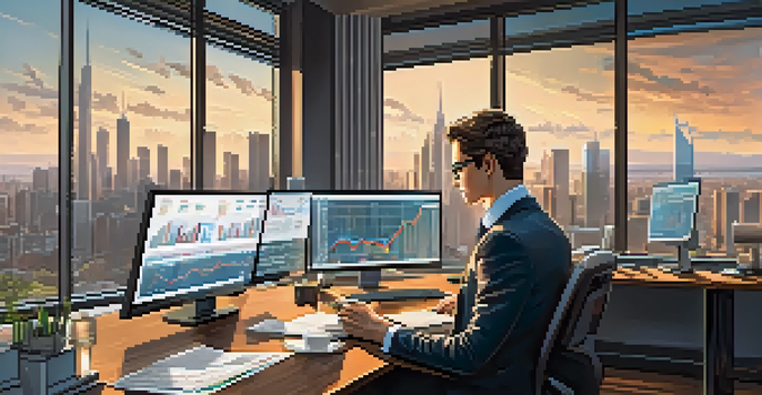 A financial analyst at a desk with Bitcoin and inflation data on screens, city skyline visible outside.