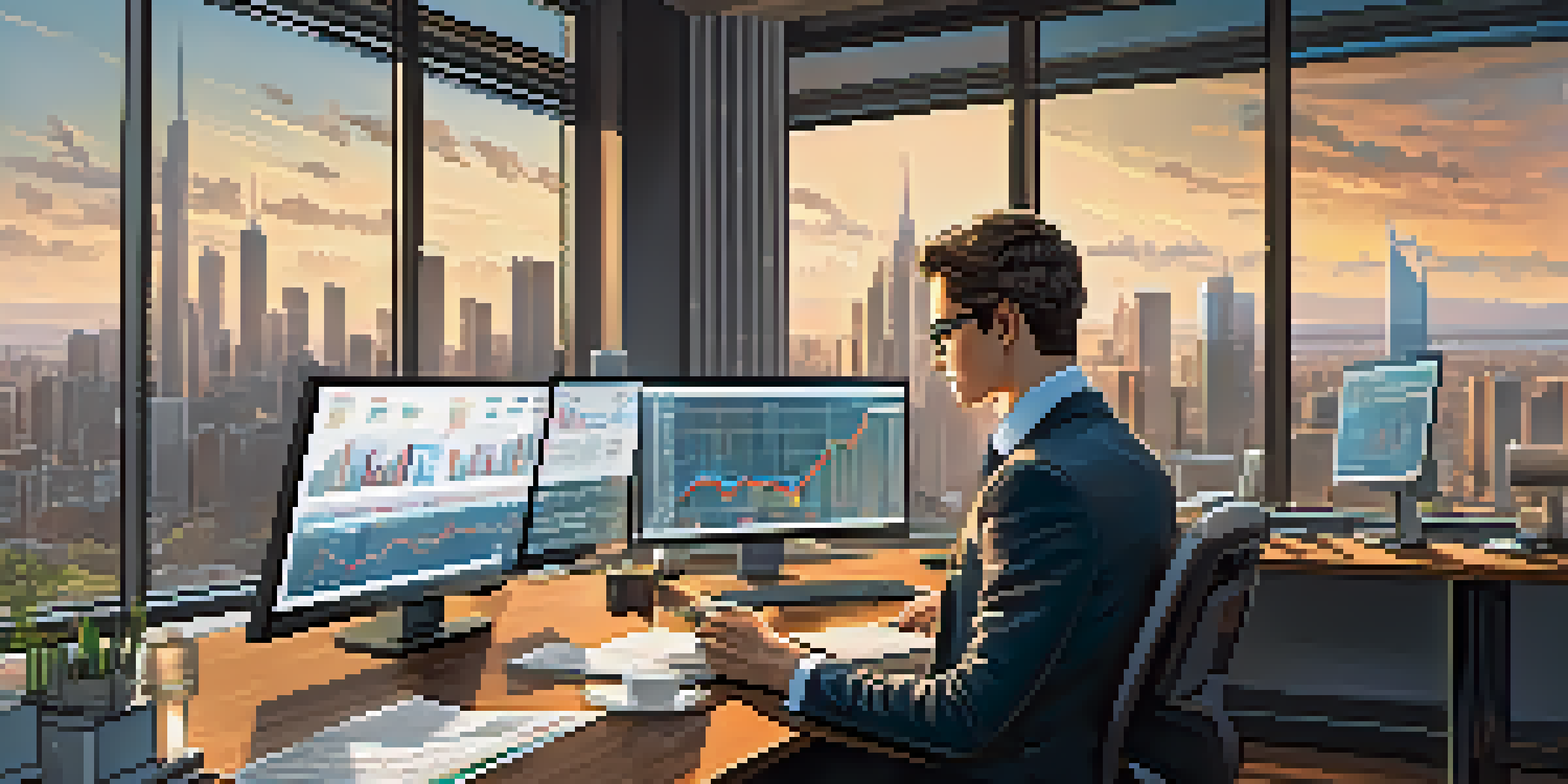 A financial analyst at a desk with Bitcoin and inflation data on screens, city skyline visible outside.