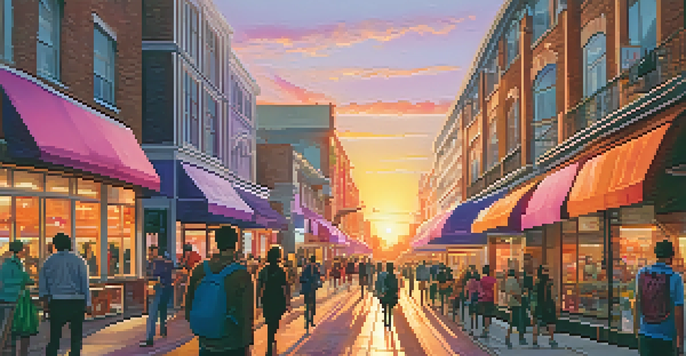 A busy city street at sunset, with people and colorful shop signs illuminated by the warm glow of the sky.