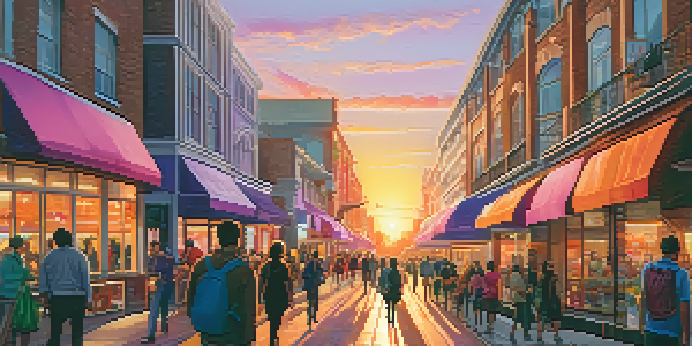 A busy city street at sunset, with people and colorful shop signs illuminated by the warm glow of the sky.