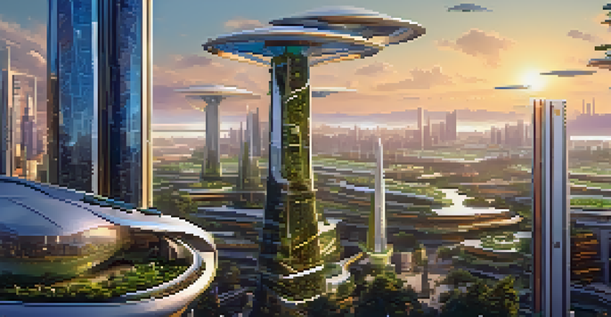 A futuristic cityscape with modern buildings and greenery under a warm sunset, featuring flying vehicles and people with advanced technology.