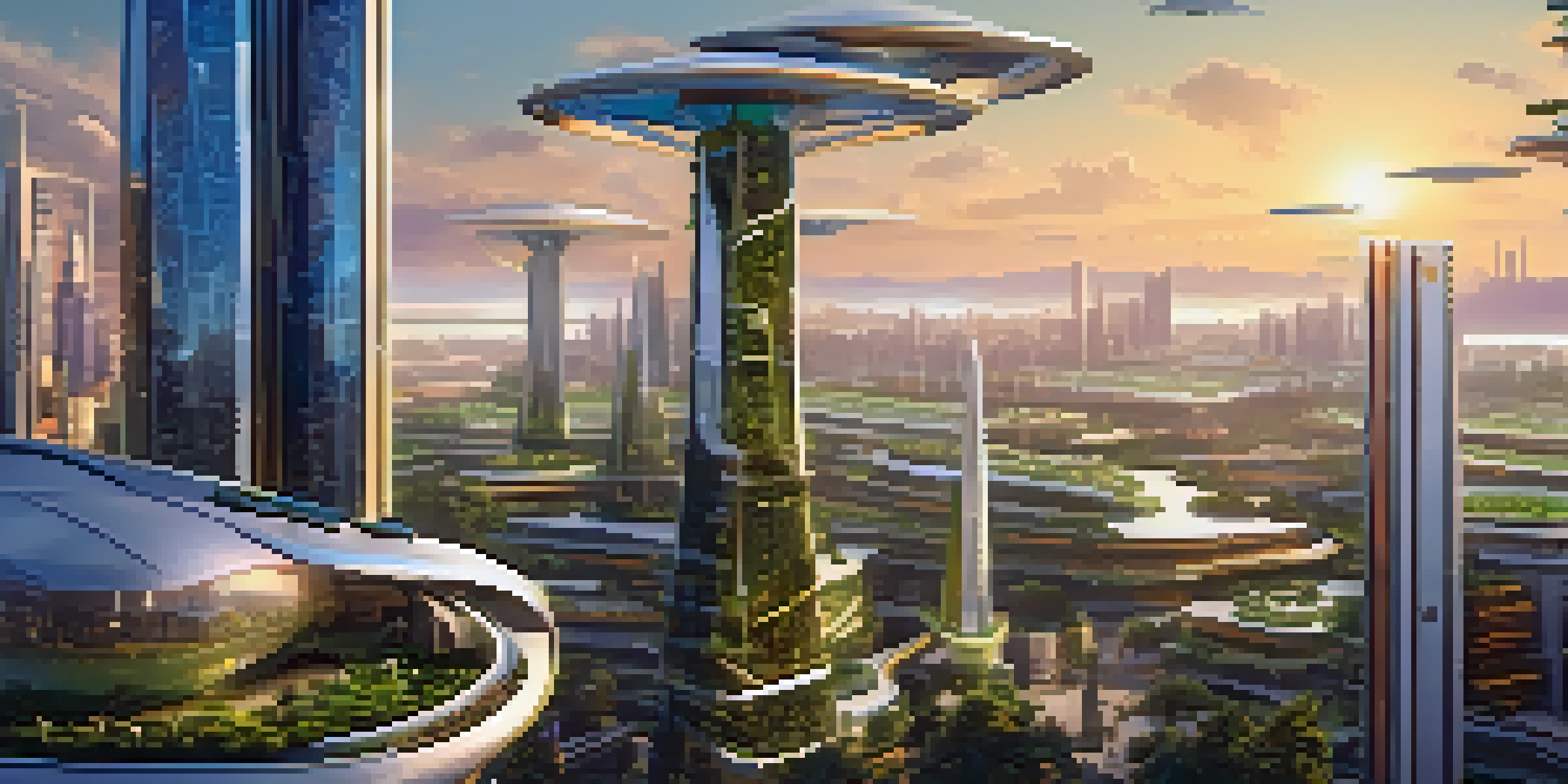 A futuristic cityscape with modern buildings and greenery under a warm sunset, featuring flying vehicles and people with advanced technology.