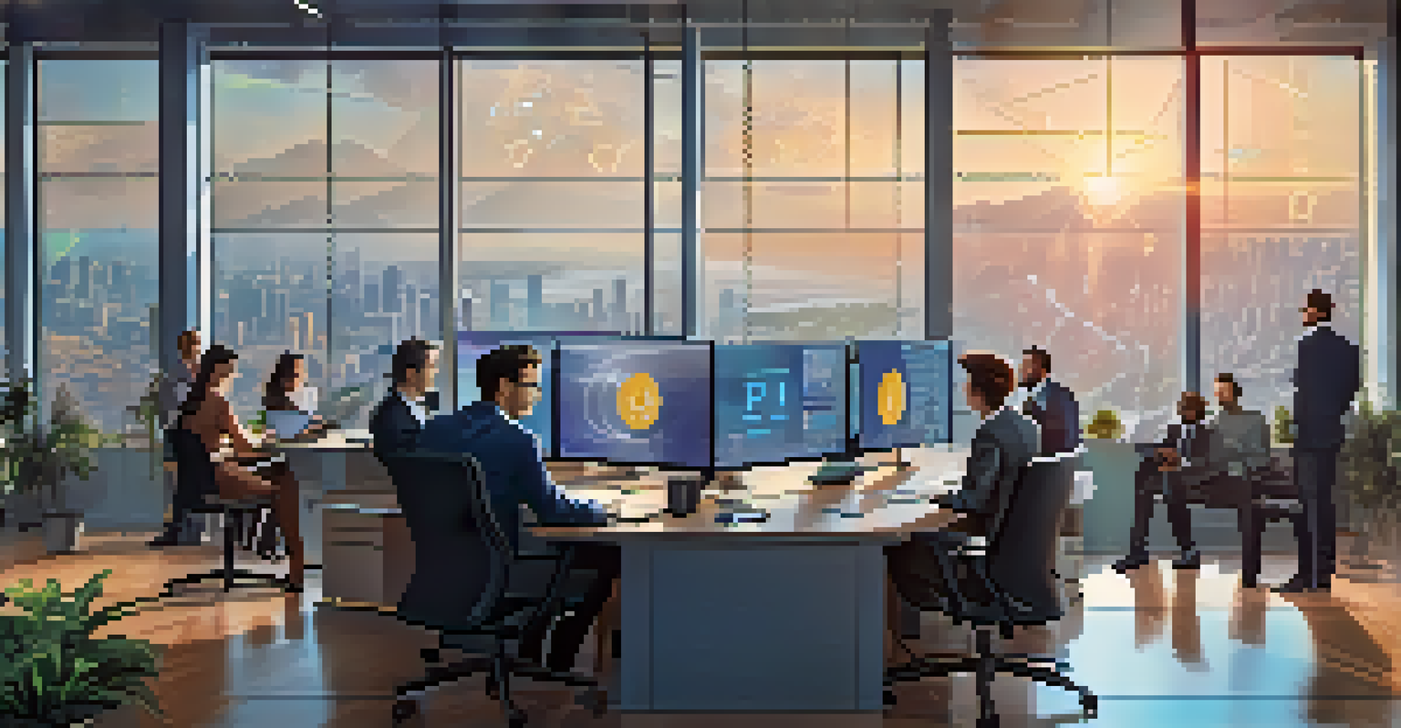 A group of investors in a modern office looking at a screen displaying cryptocurrency and stock market data.