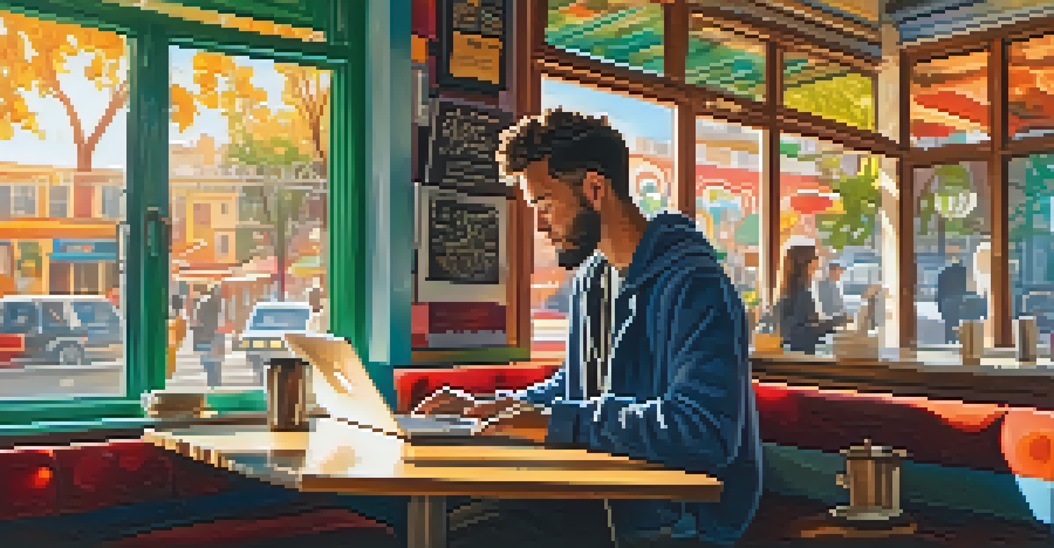 A person working on a laptop in a lively coffee shop filled with colorful art and sunlight.