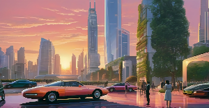 A vibrant city skyline at sunset with a mix of traditional and modern buildings surrounded by greenery, and people interacting in the foreground.