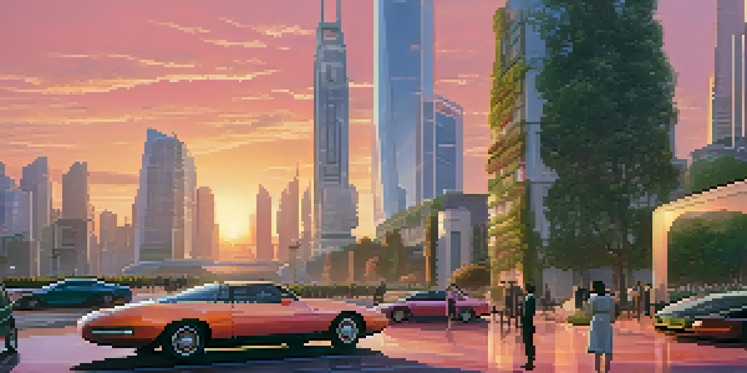 A vibrant city skyline at sunset with a mix of traditional and modern buildings surrounded by greenery, and people interacting in the foreground.